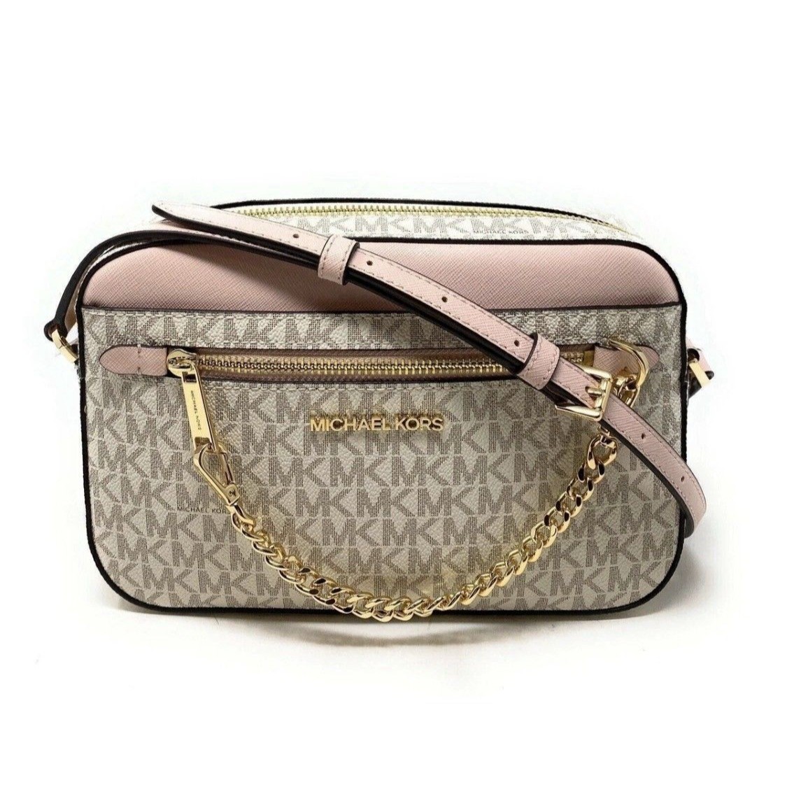 New Michael Kors Jet Large East West Zip Chain Crossbody Bag Vanilla Pink